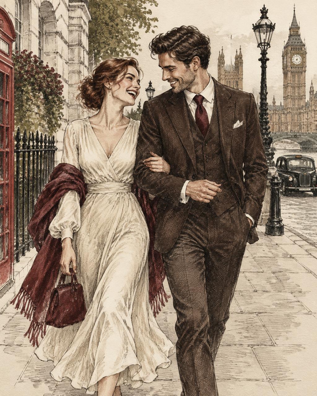 Illustration of Amelia and Julian walking arm in arm in London