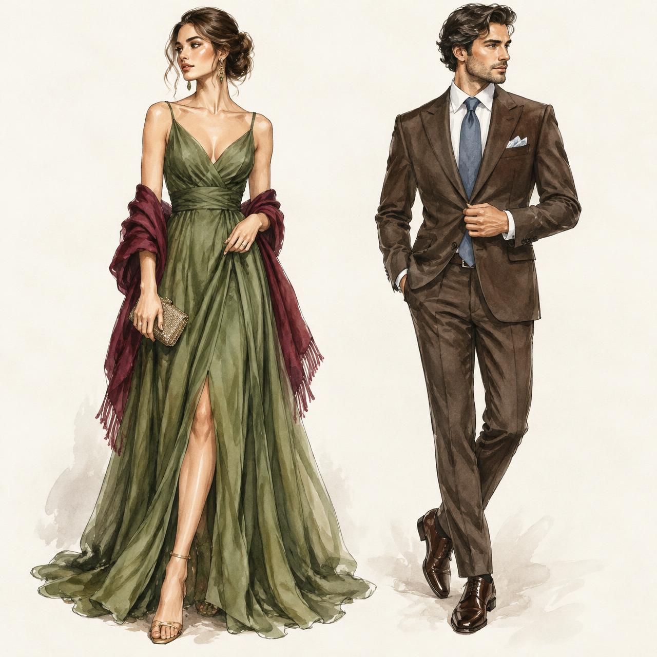 Fashion illustration of a woman in an olive gown and a man in an espresso suit