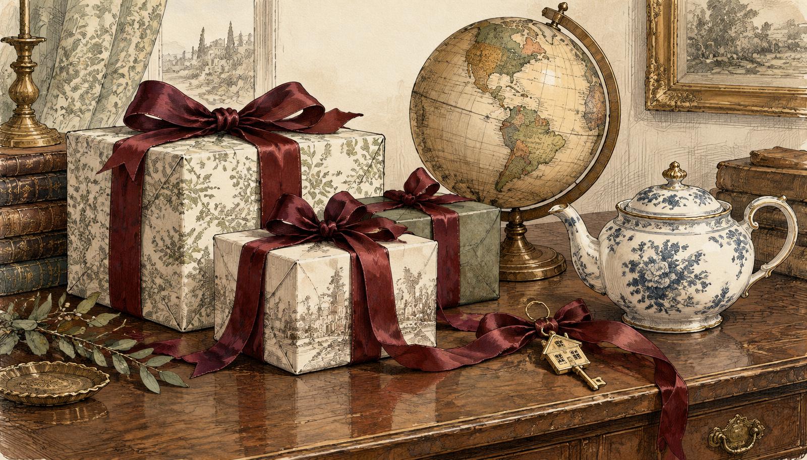 Illustrated wrapped gifts, globe, teapot and house key