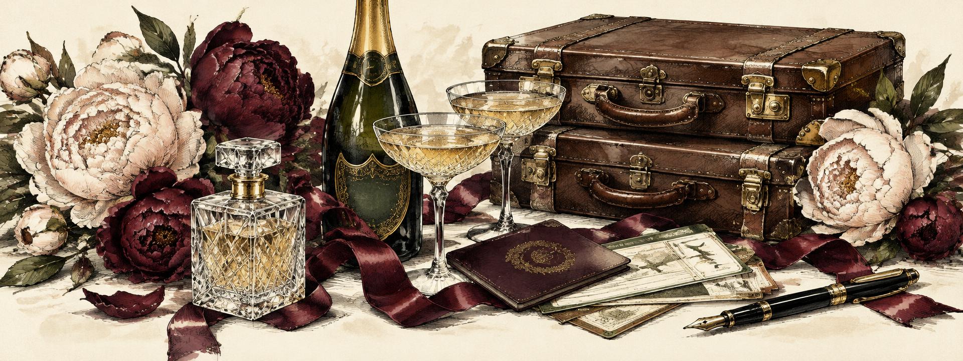 Illustrated perfume, champagne, luggage, passport, ribbon, peonies and fountain pen