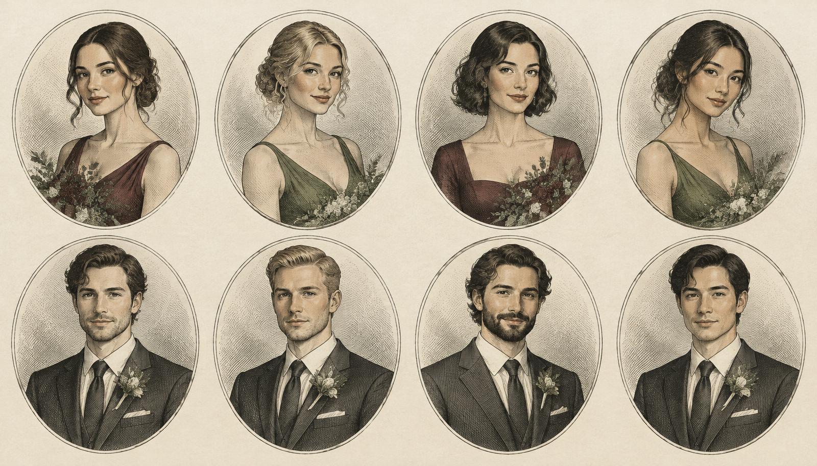 Engraved portrait busts of the wedding party
