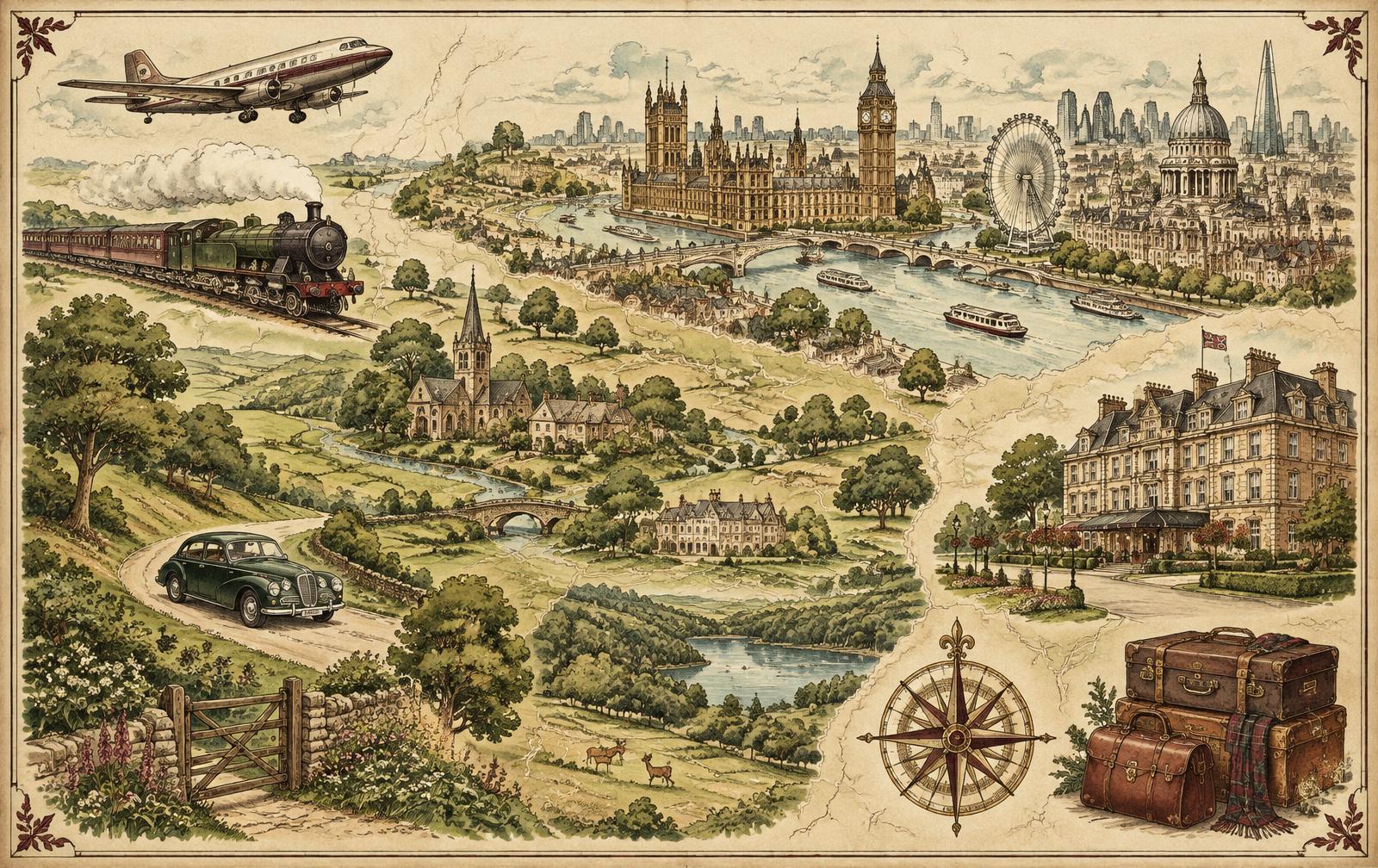 Illustrated map of London and Surrey with plane, train, car, luggage and hotel