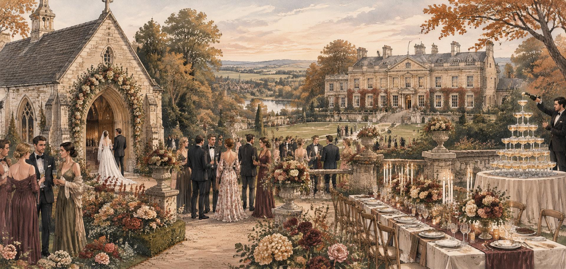 Illustrated panorama of the chapel, gardens, guests, dinner table, champagne and estate